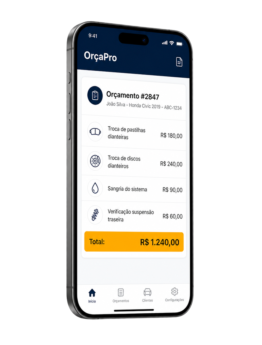 Aplicativo OrçaPro mostrando um orçamento profissional gerado no celular
