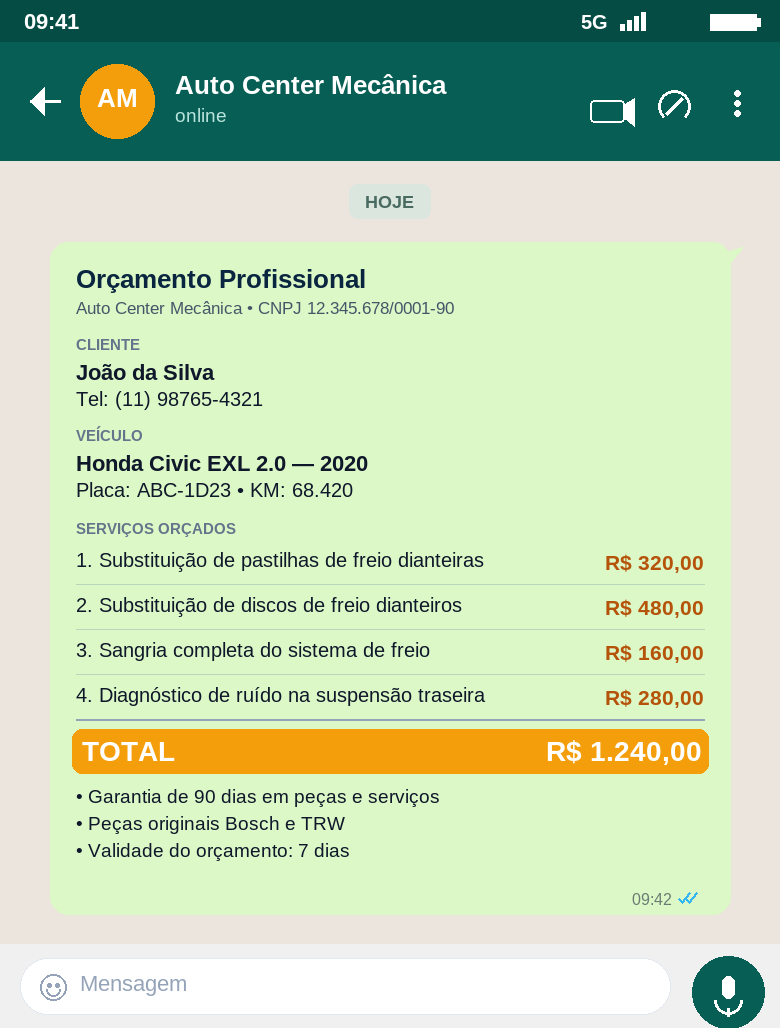 Orçamento formatado como mensagem de WhatsApp